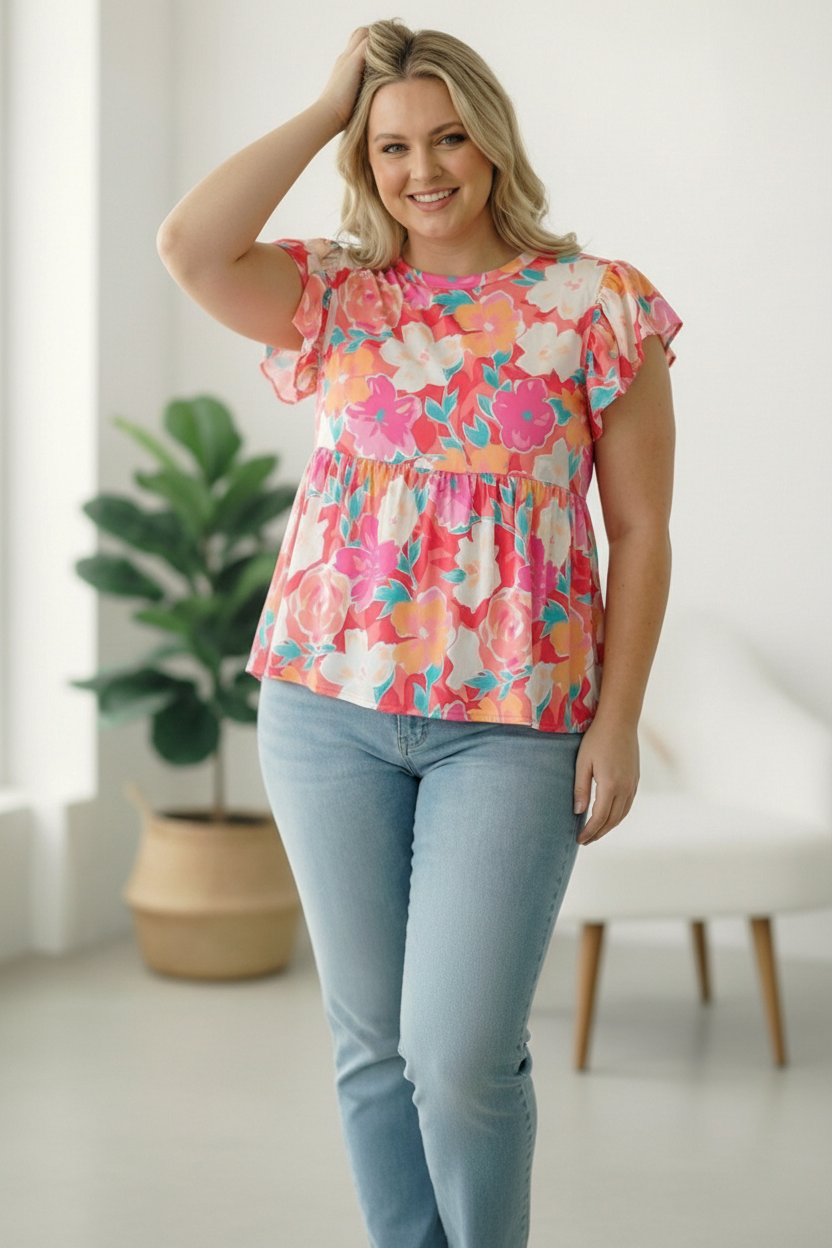 PLUS BABYDOLL FLORAL TOP W/ FOLDED RUFFLE SLEEVE