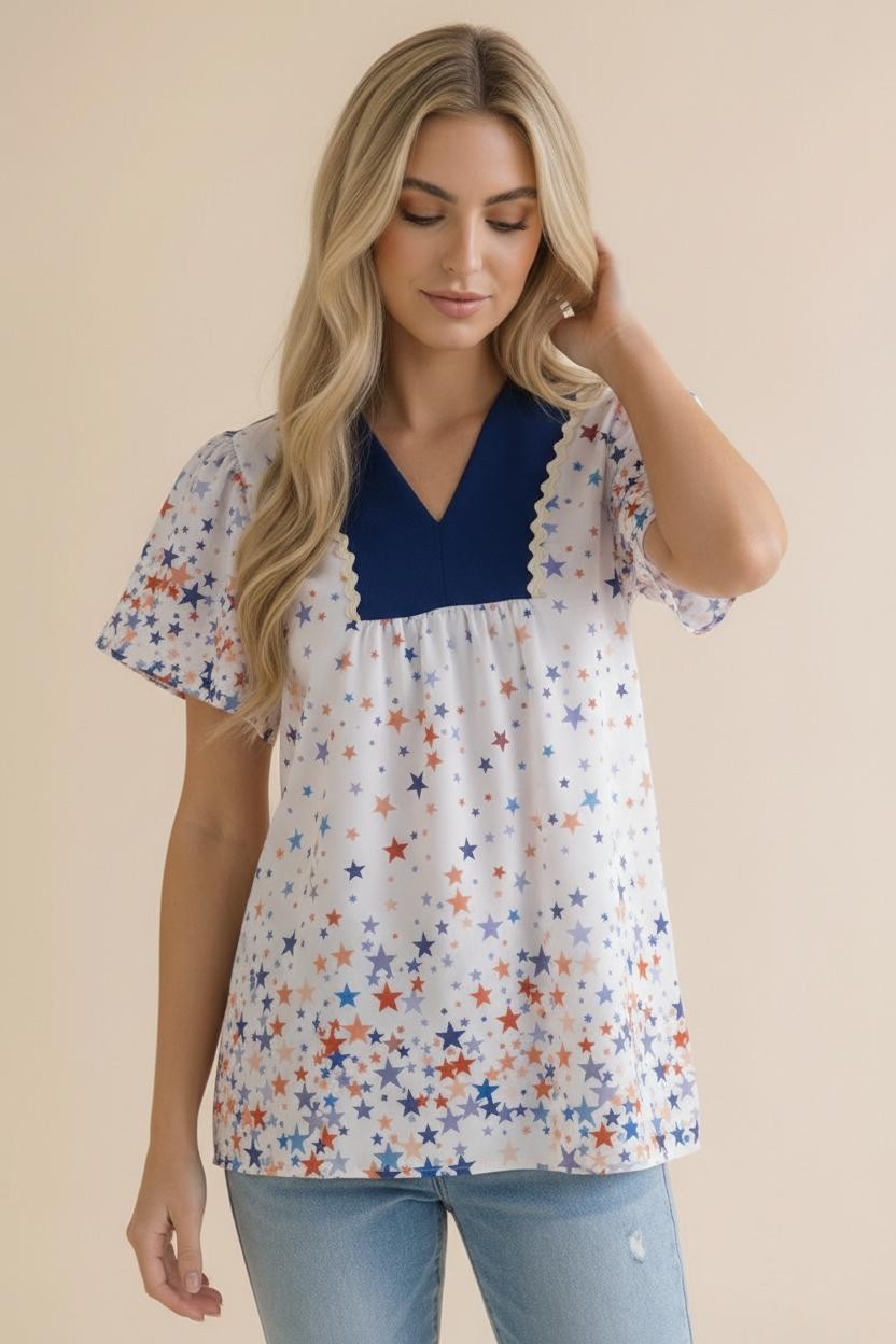 Plus Navy and Star Print Short Sleeve Babydoll Top