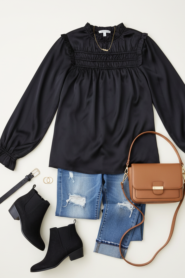 Be Your Best Black Satin Shirred Yoke Frilled Mock Neck Top (Open Pack)