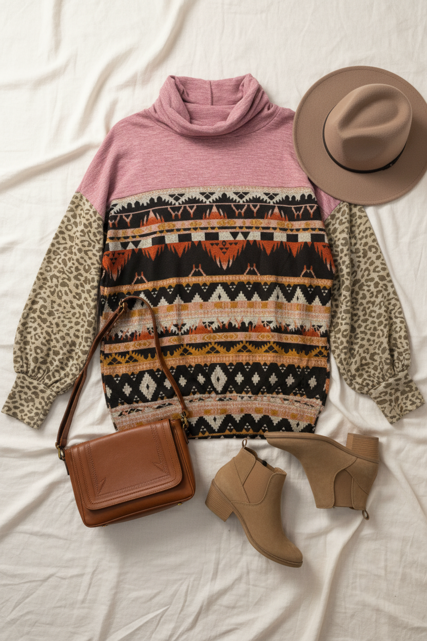 Tribal Animal Cowl neck Top