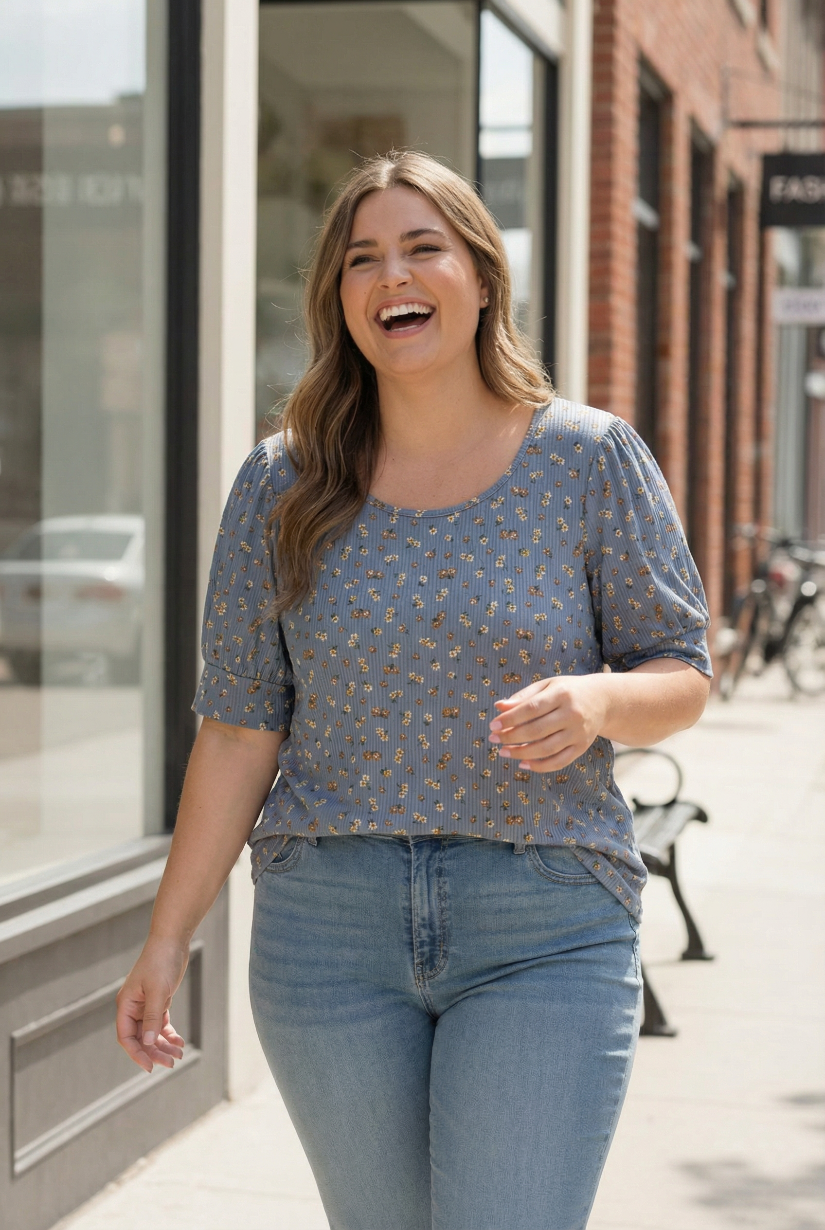 Plus Blue Floral Ribbed Top