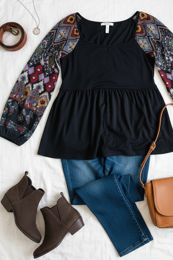 Charming Black Square Neck Border Print Bubble Sleeve Top (Open Pack)