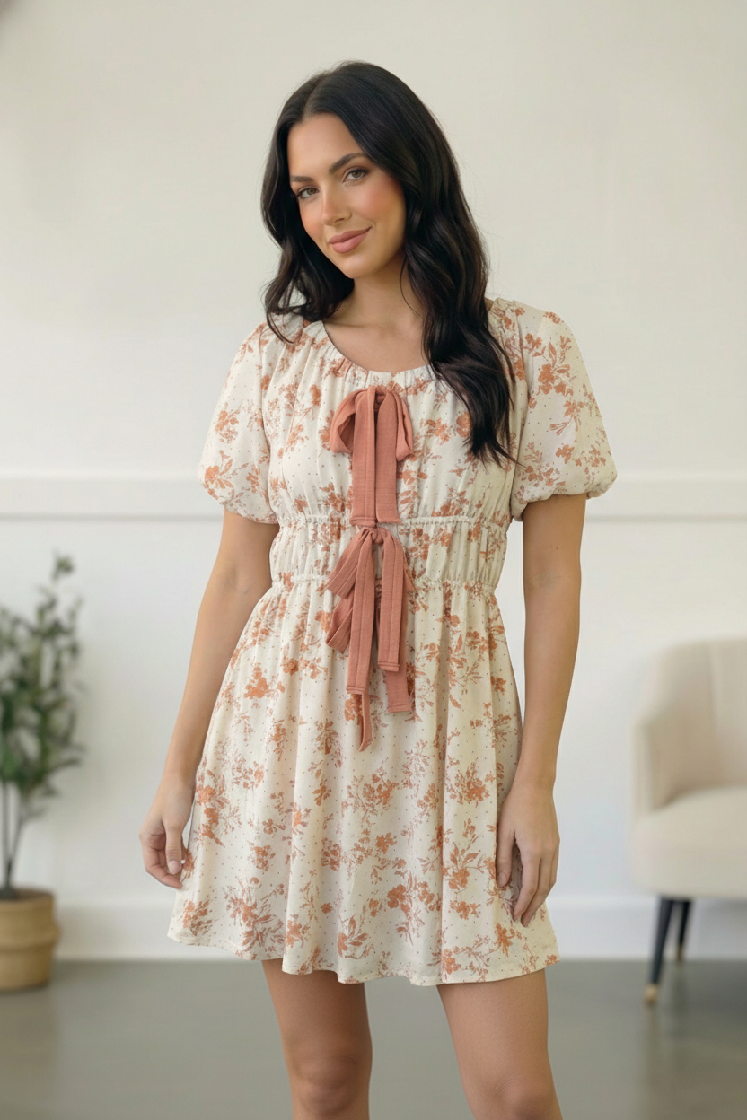 Ivory & Coral Floral Woven Dress