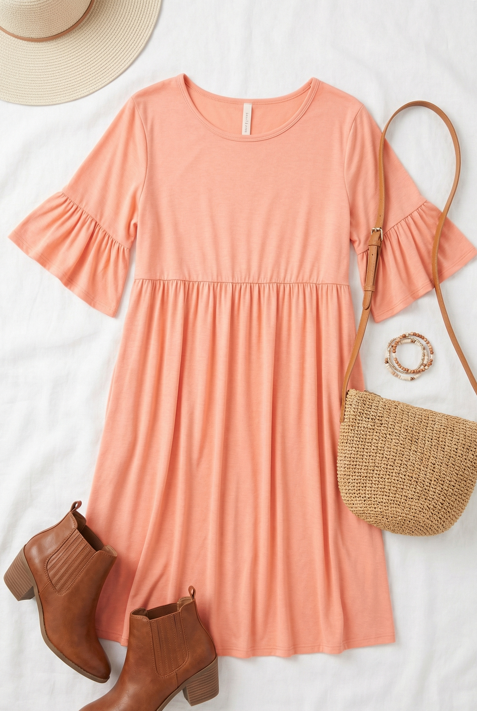 Plus Coral Solid Bell Sleeve Dress