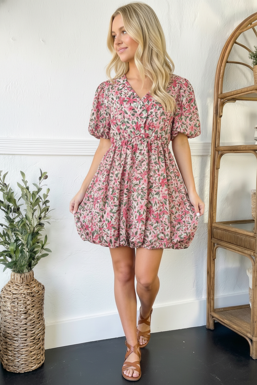 Freshly Picked Pink Florals Cotton Bubble Dress (Open Pack)