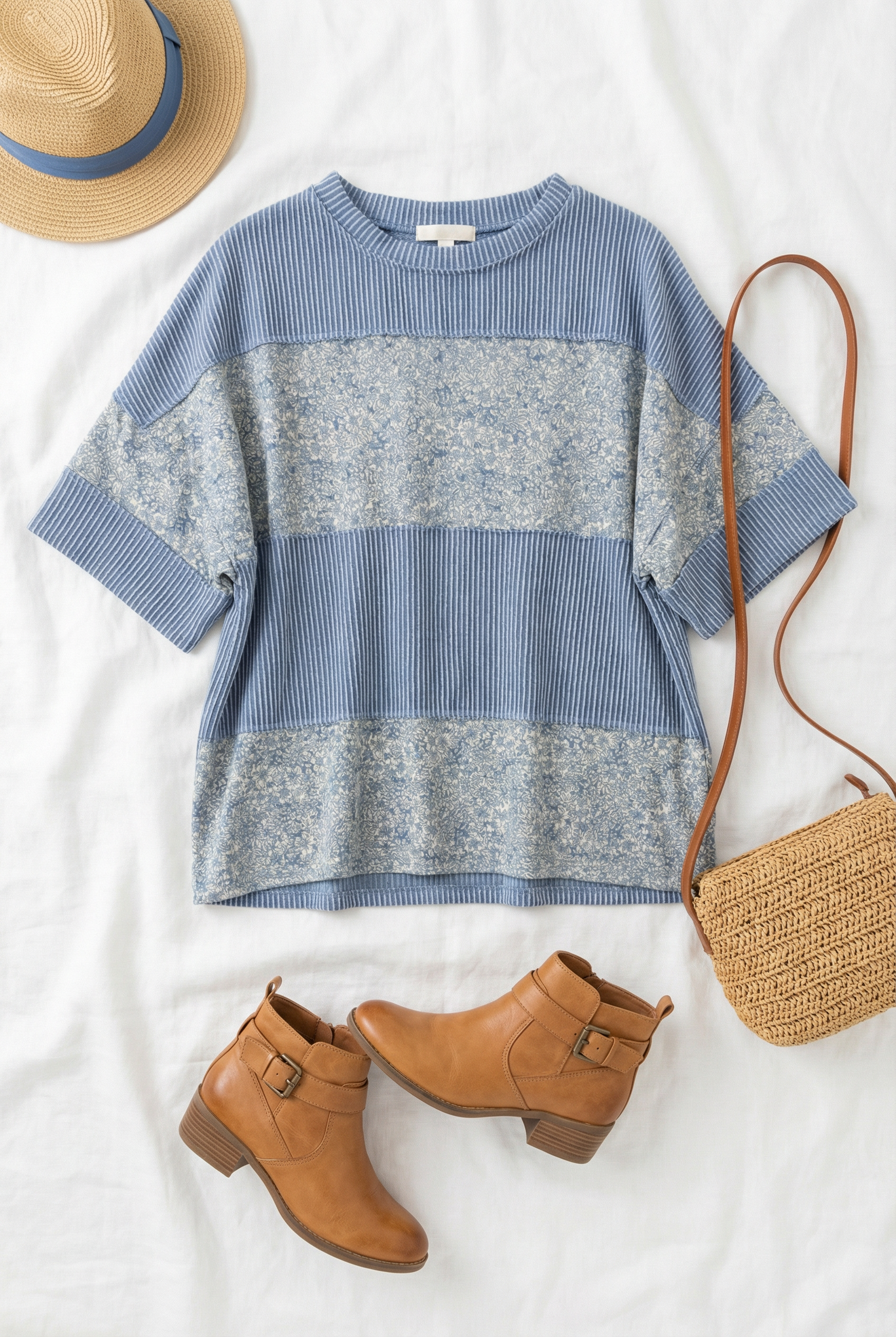 Blue Floral Print Block Top