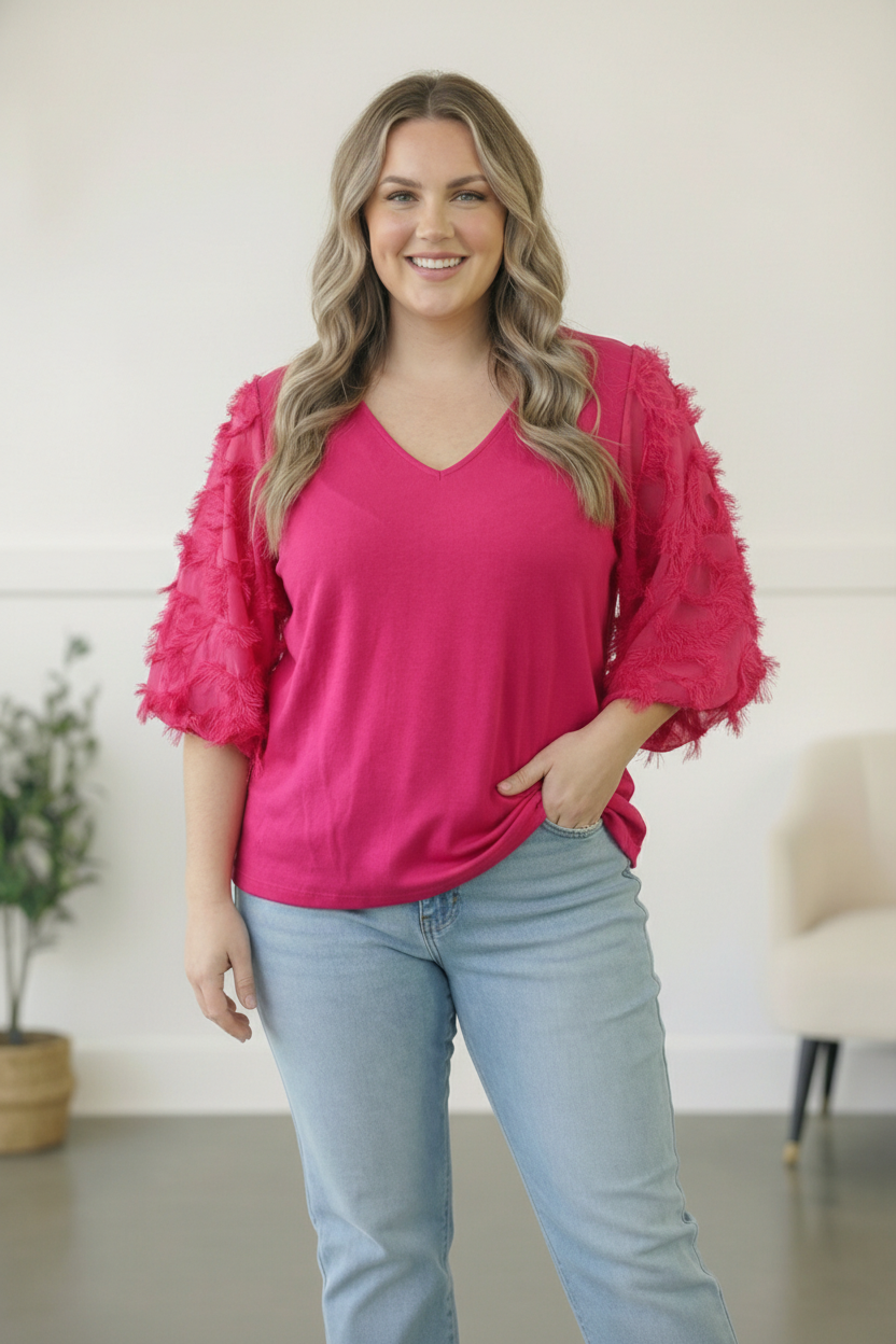 Plus Fuchsia Textured Sleeve Top