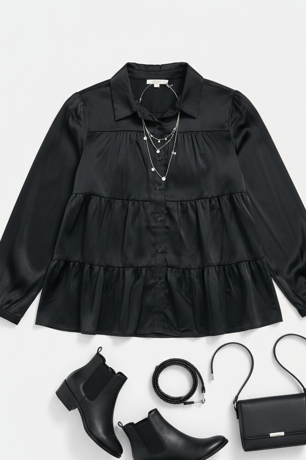 Perfectly You Black Button Down Tiered Babydoll Satin Holiday Top (Open Pack)