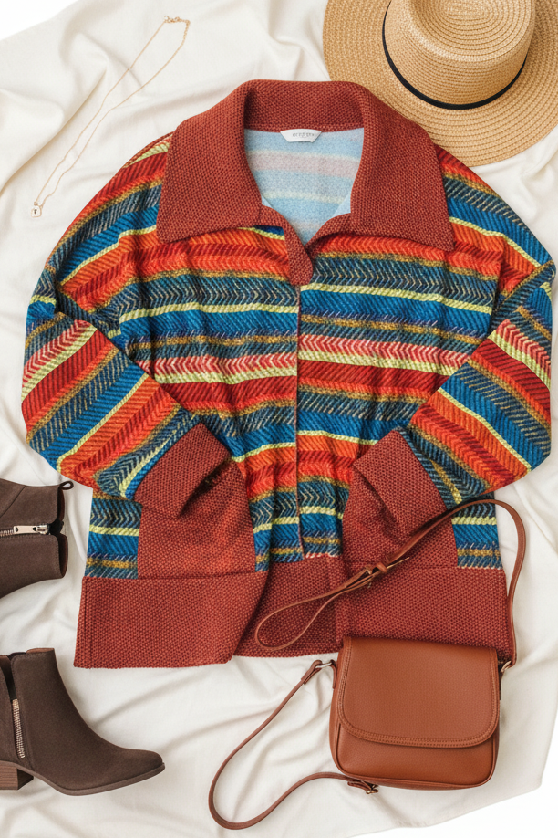 Casual Living Rust & Teal Striped Two Tone Knit Pocketed Top (Open Pack)