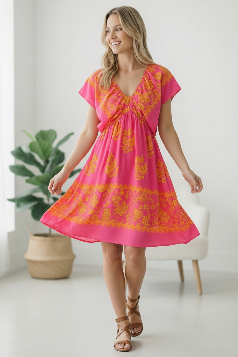 FIT AND FLARE MIDI DRESS W/ FLUTTER SLEEVES