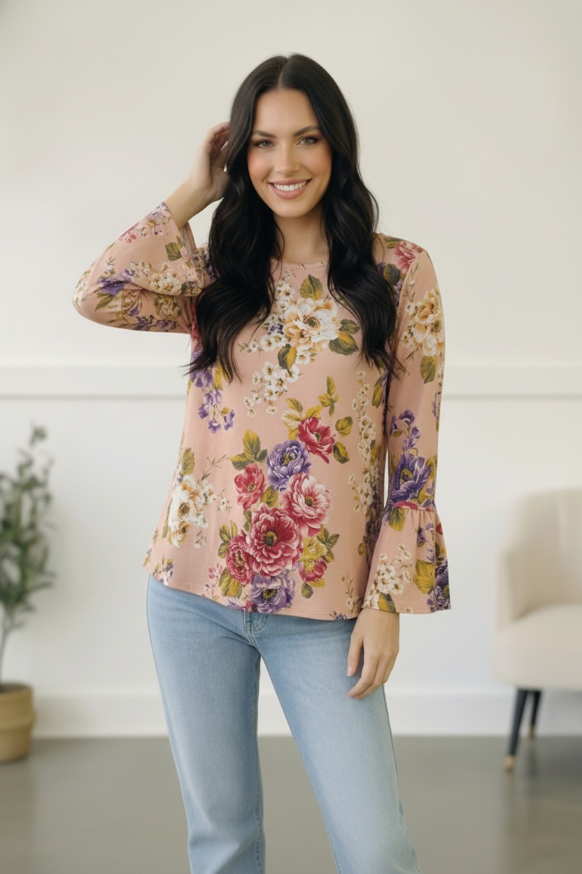 Blush Floral Bell Sleeve Top