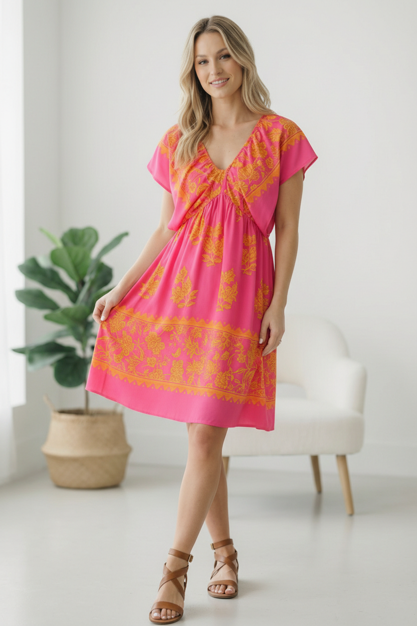 FIT AND FLARE MIDI DRESS W/ FLUTTER SLEEVES