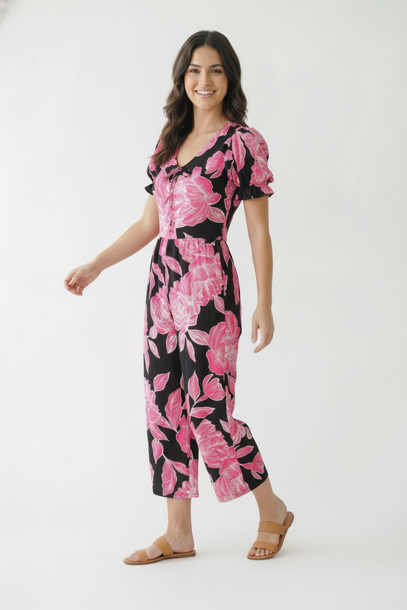 KNIT JUMPSUIT W/ PUFF BUBBLE SHORT SLEEVES