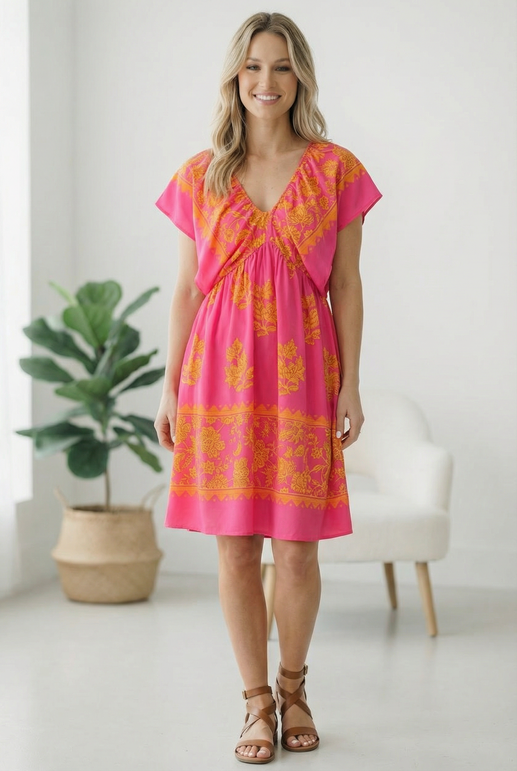 FIT AND FLARE MIDI DRESS W/ FLUTTER SLEEVES