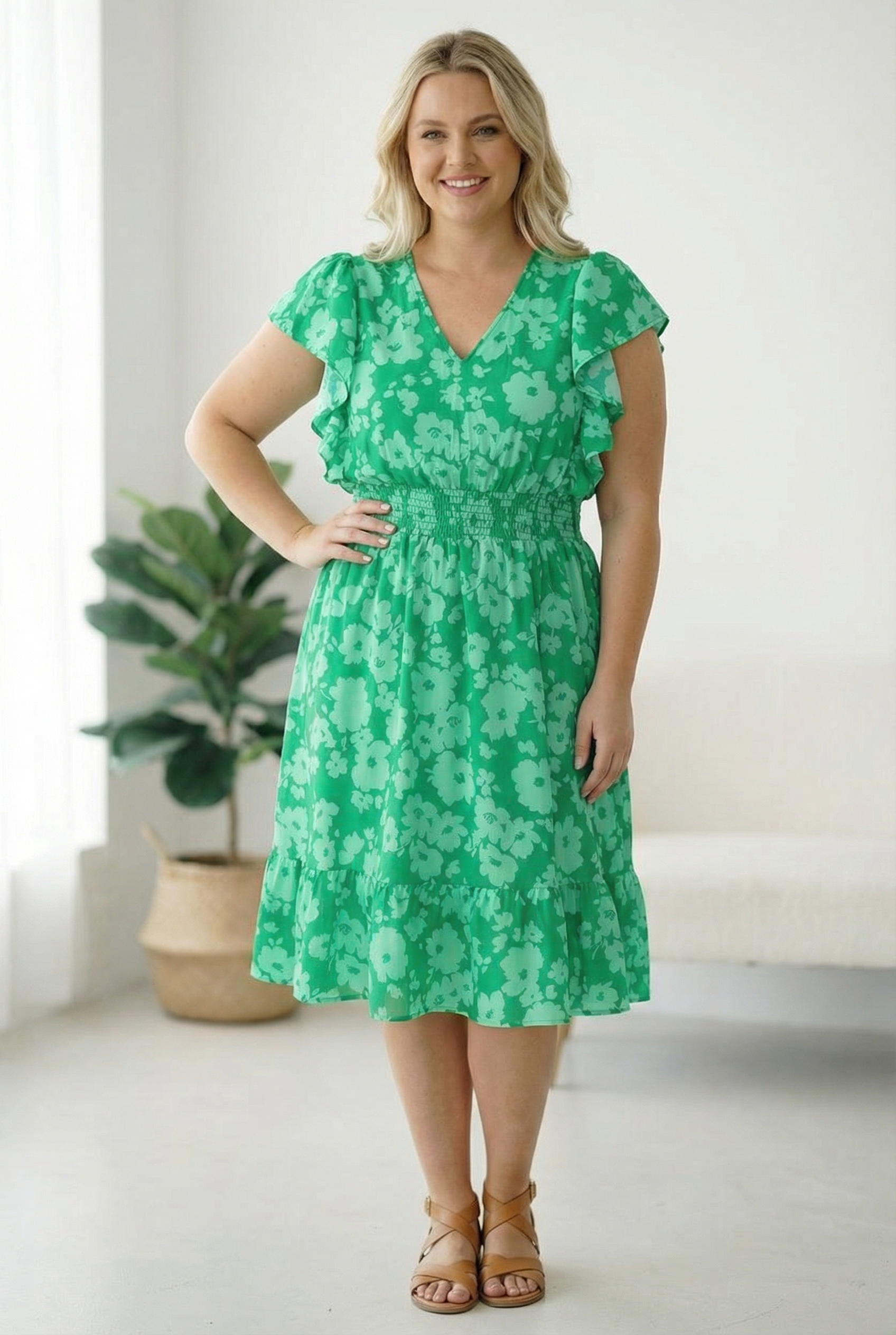 PLUS SMOCKING WAIST MIDI FLORAL WOVEN DRESS