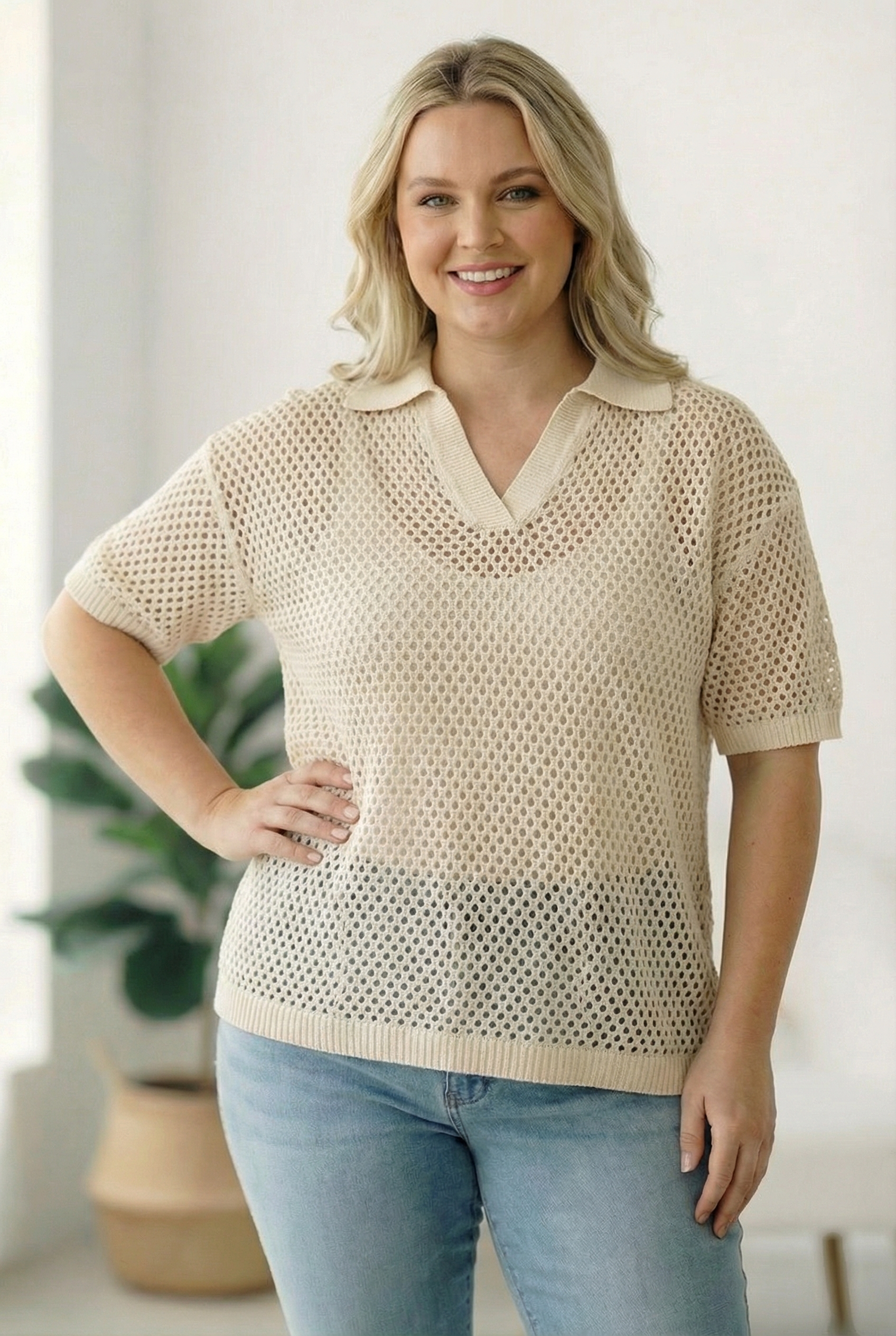 Plus Taupe Crochet Blouse