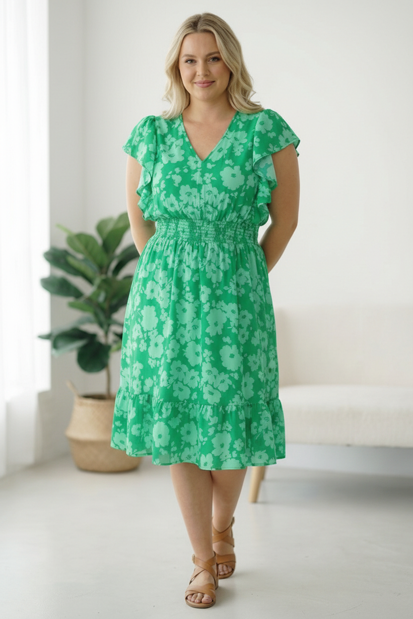 PLUS SMOCKING WAIST MIDI FLORAL WOVEN DRESS