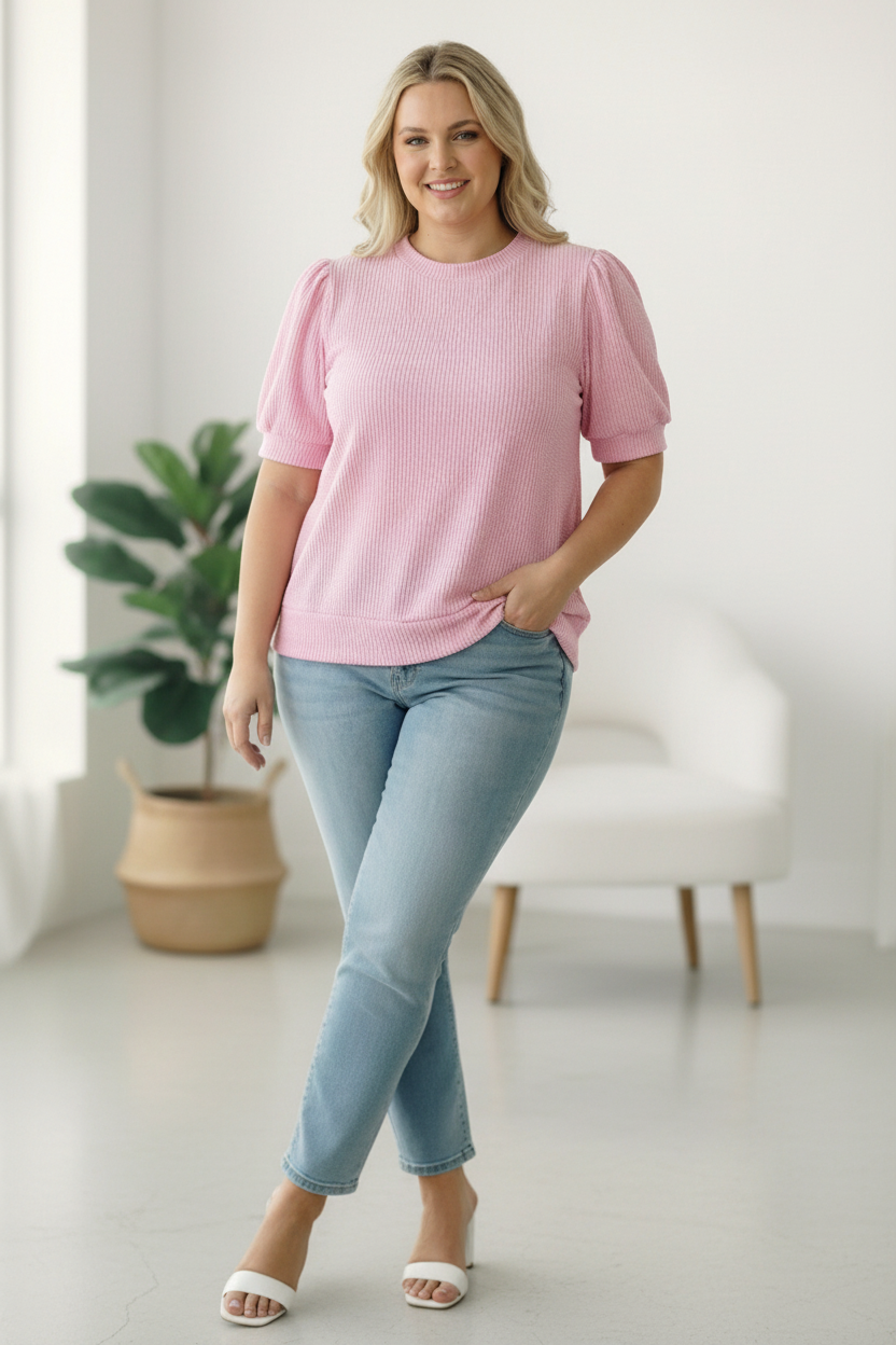 PLUS PUFF BUBBLE SHORT SLEEVE WAVY RIB KNIT TOP