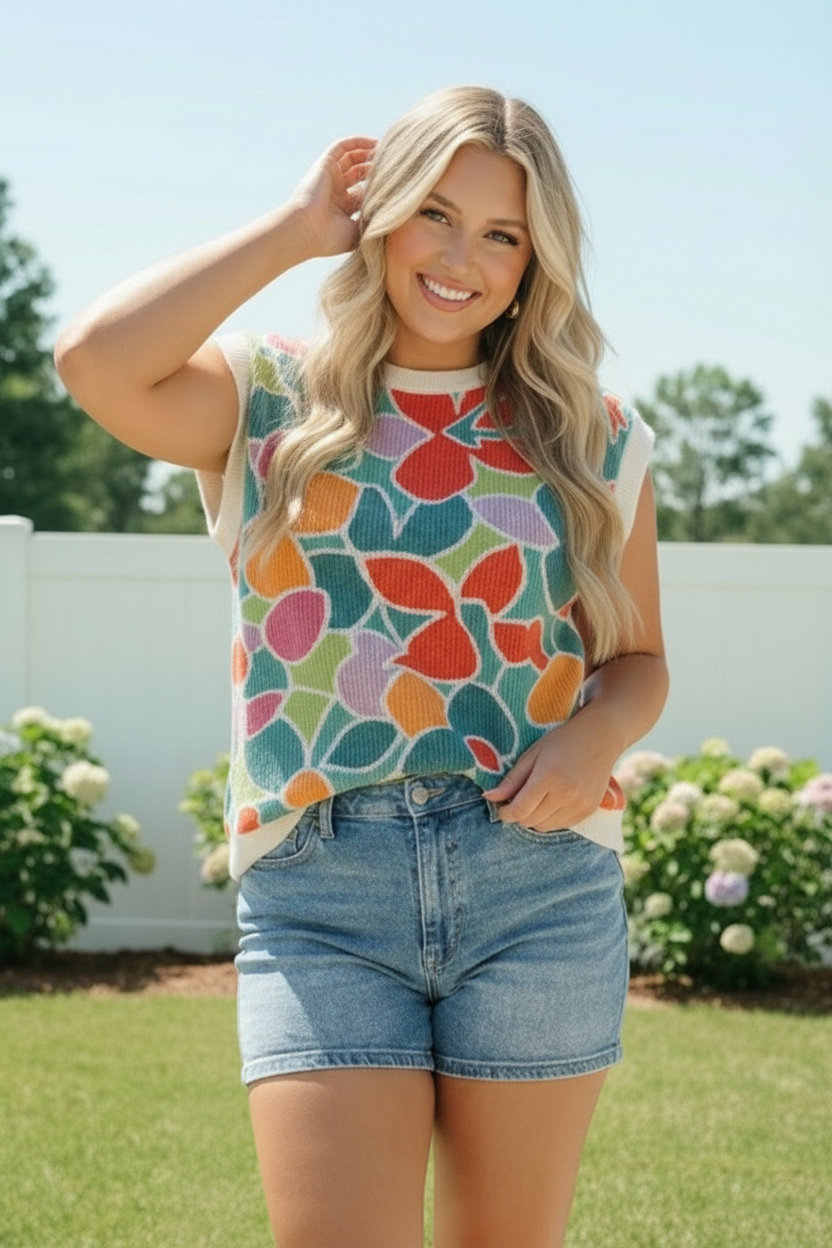 Plus Floral Multi Wavy Rib Top