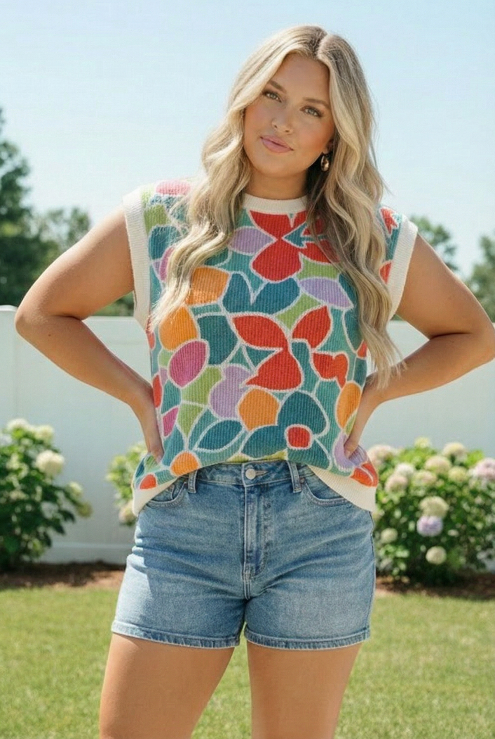 Plus Floral Multi Wavy Rib Top