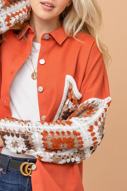 Rust Denim Crochet Sleeve Shacket