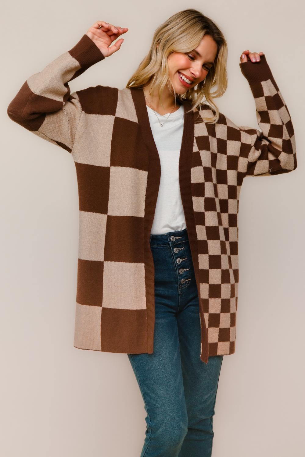 Checker Pattern Sweaters PLUS MOCHA CHECKER BOARD PATTERN CARDIGAN SWEATER