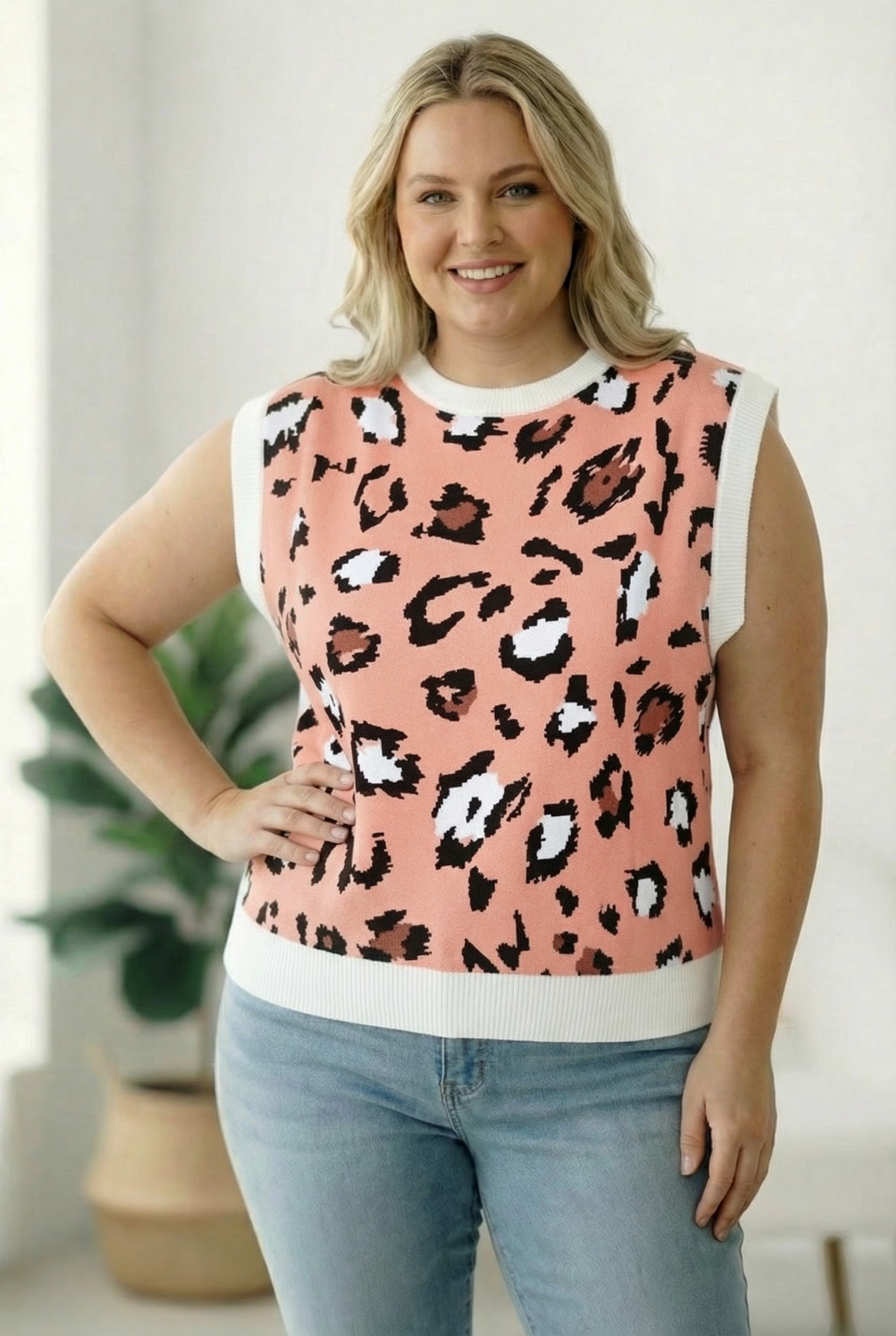 Plus Peach/White Animal Banded Top