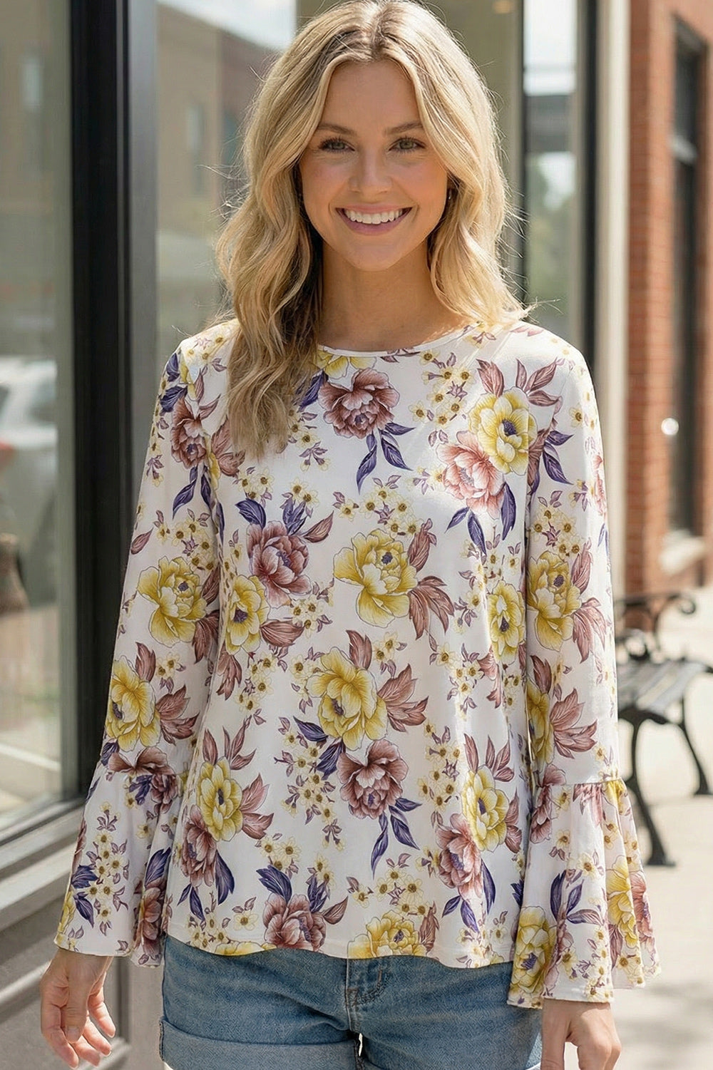 Ivory & Mauve Floral Bell Sleeve Top