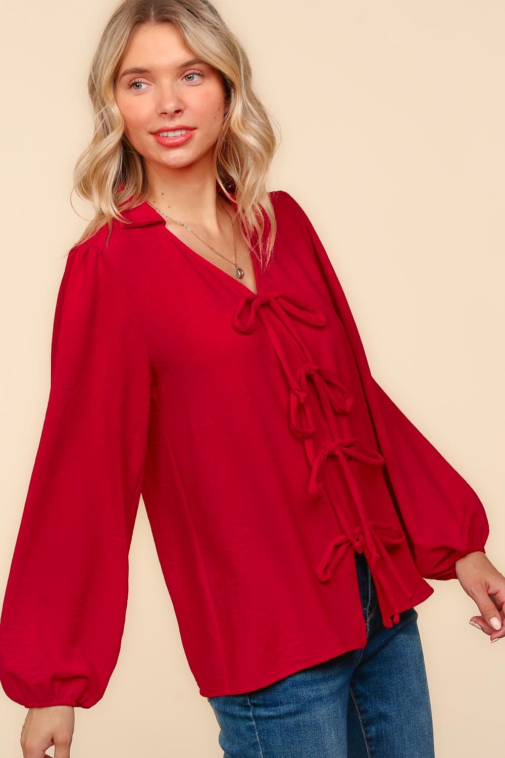 Top Notch Ribbon COLLARED NOTCH NECK RIBBON BOW WOVEN TOP