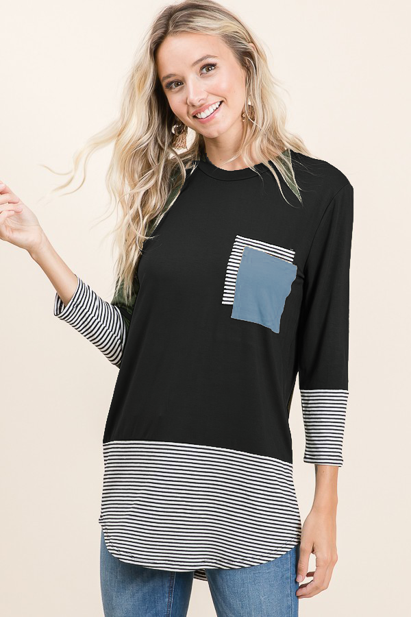 Black Pocketed Stripe Hem Top