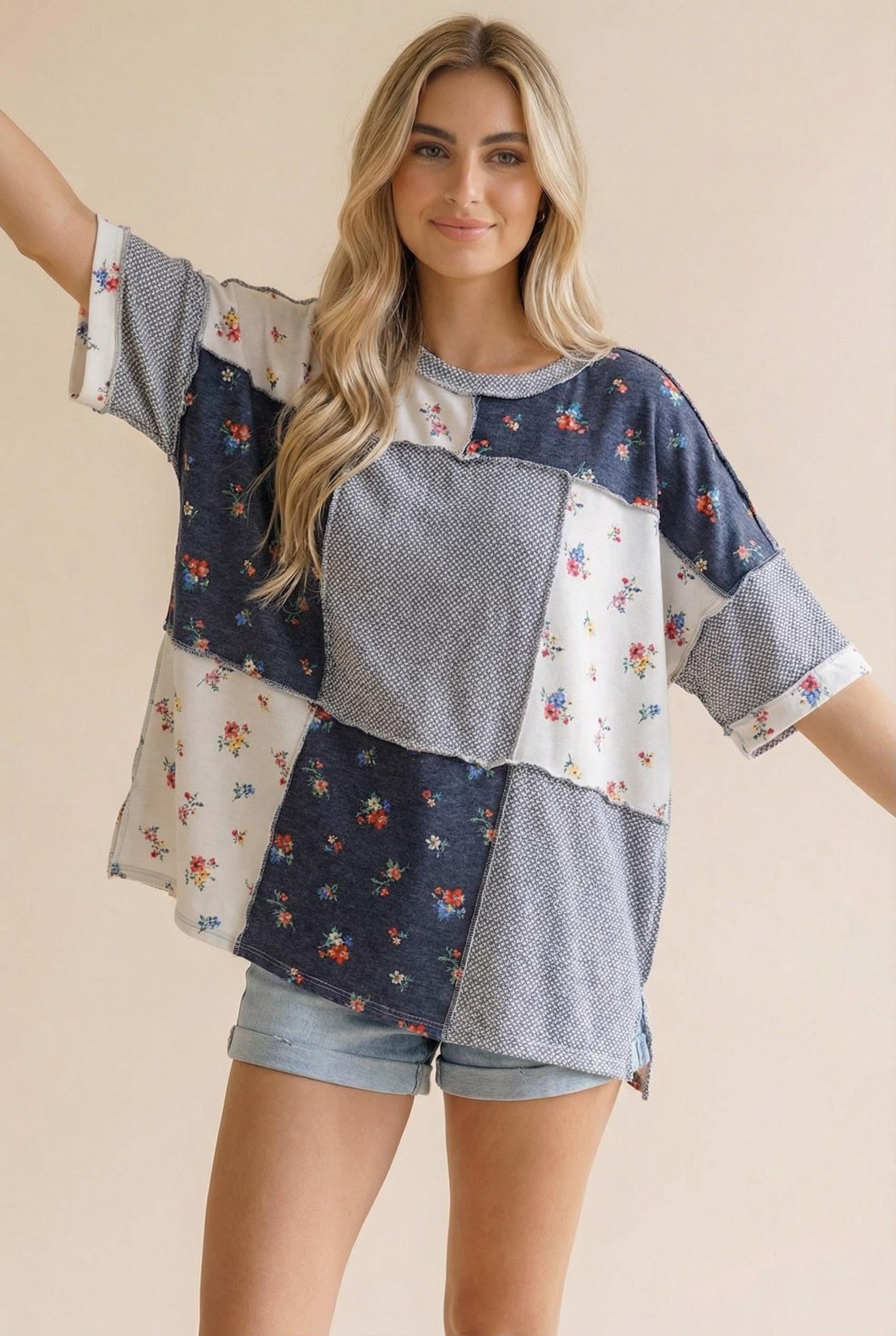 Grey TEXTURED KNIT FLORAL COLOR BLOCK PATCHWORK TOP