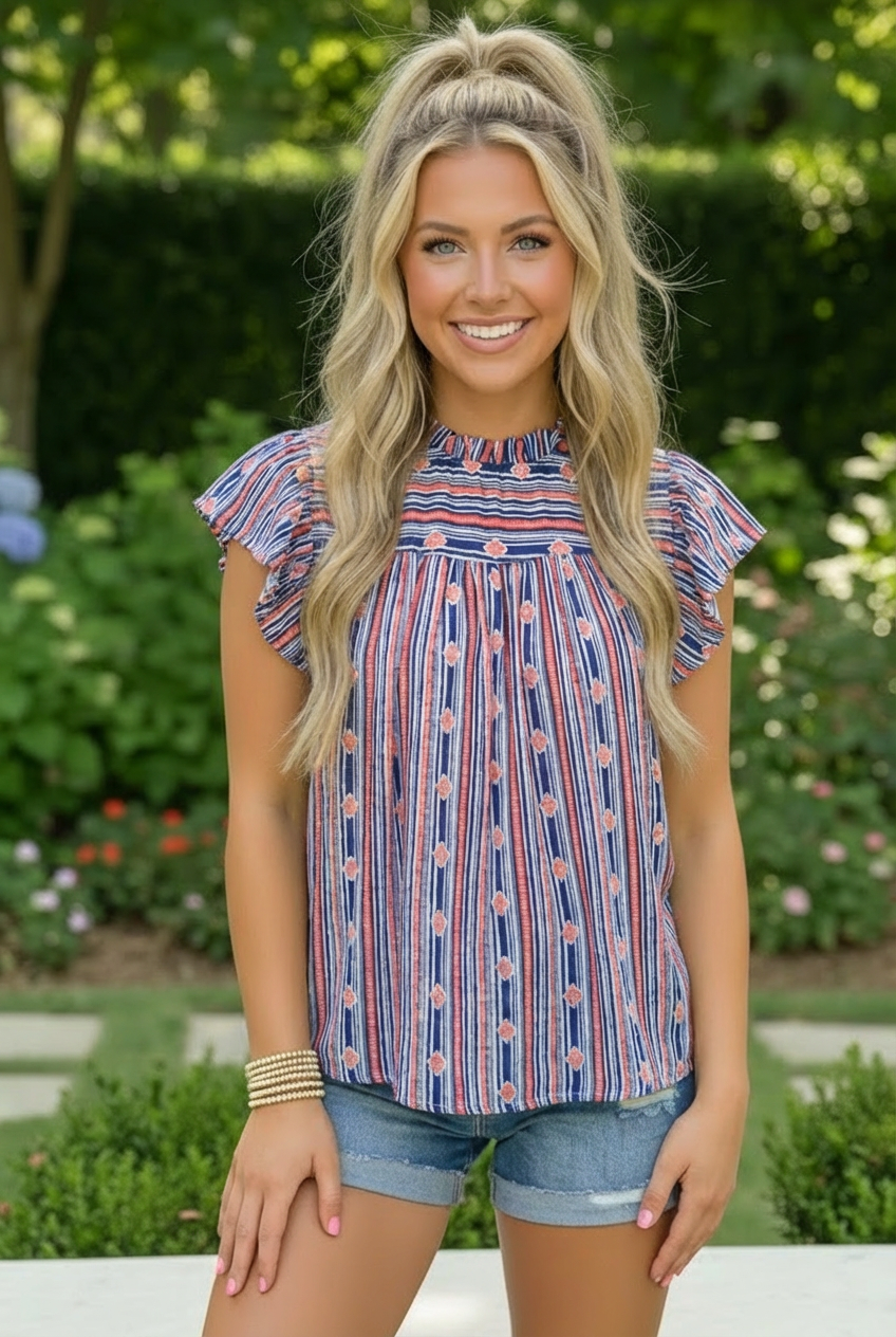 Navy & Orange Boho Stripe Flutter Sleeve Top (Open Pack)