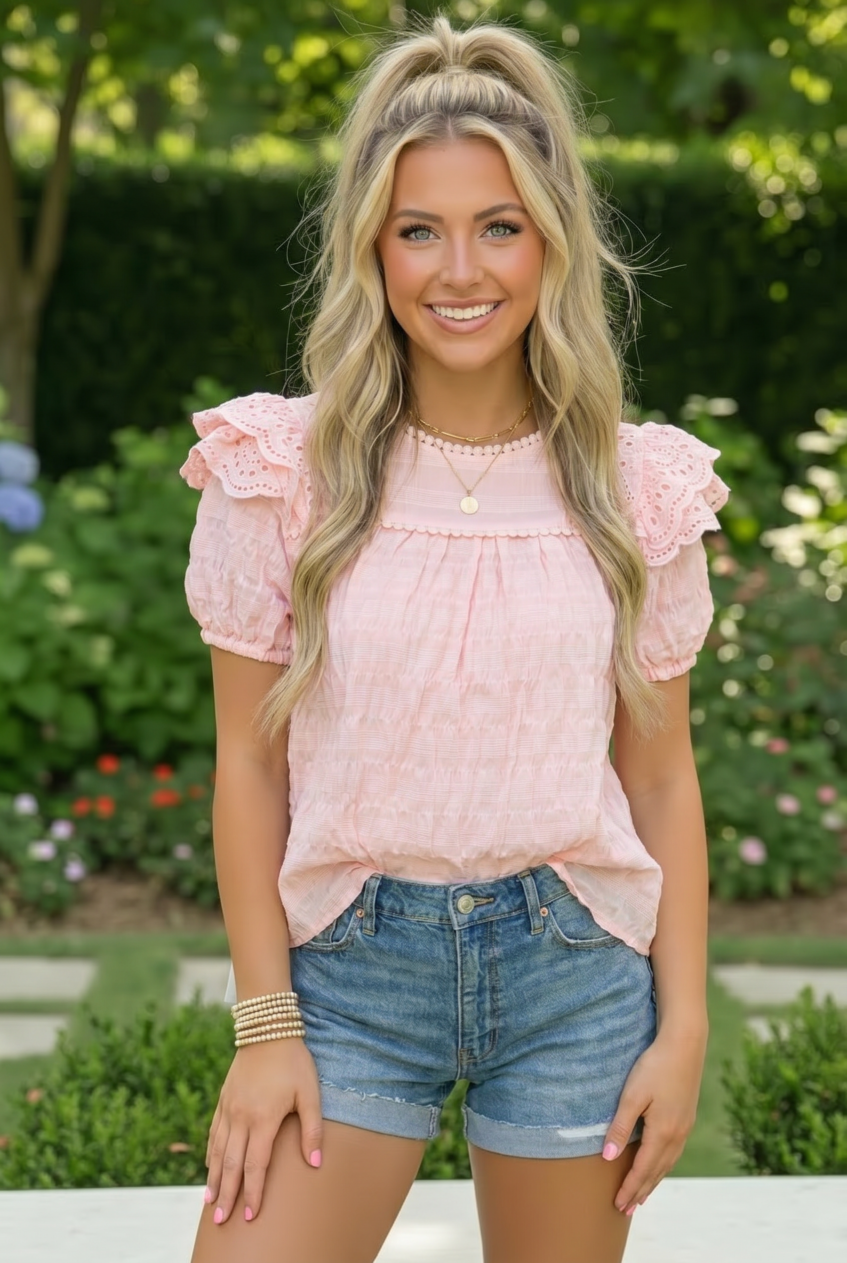 Pink Eyelet Ruffle Sleeve Smocked Blouse