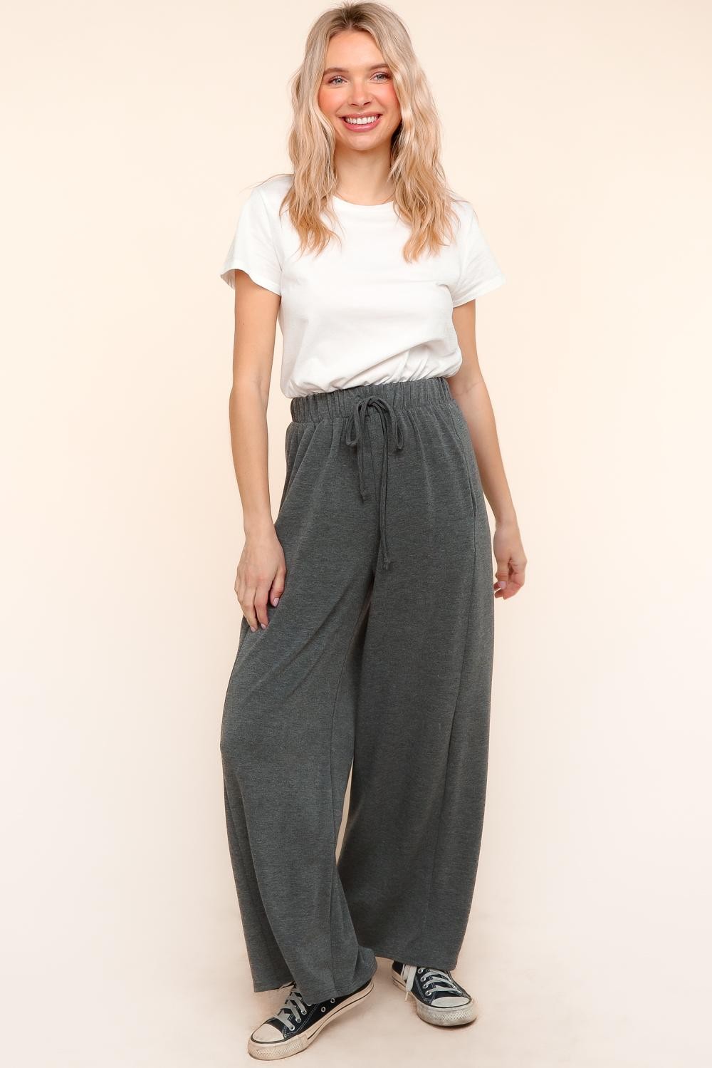 Terry Elastic Plus Charcoal Solid French Terry Elastic Banded Wide Pants