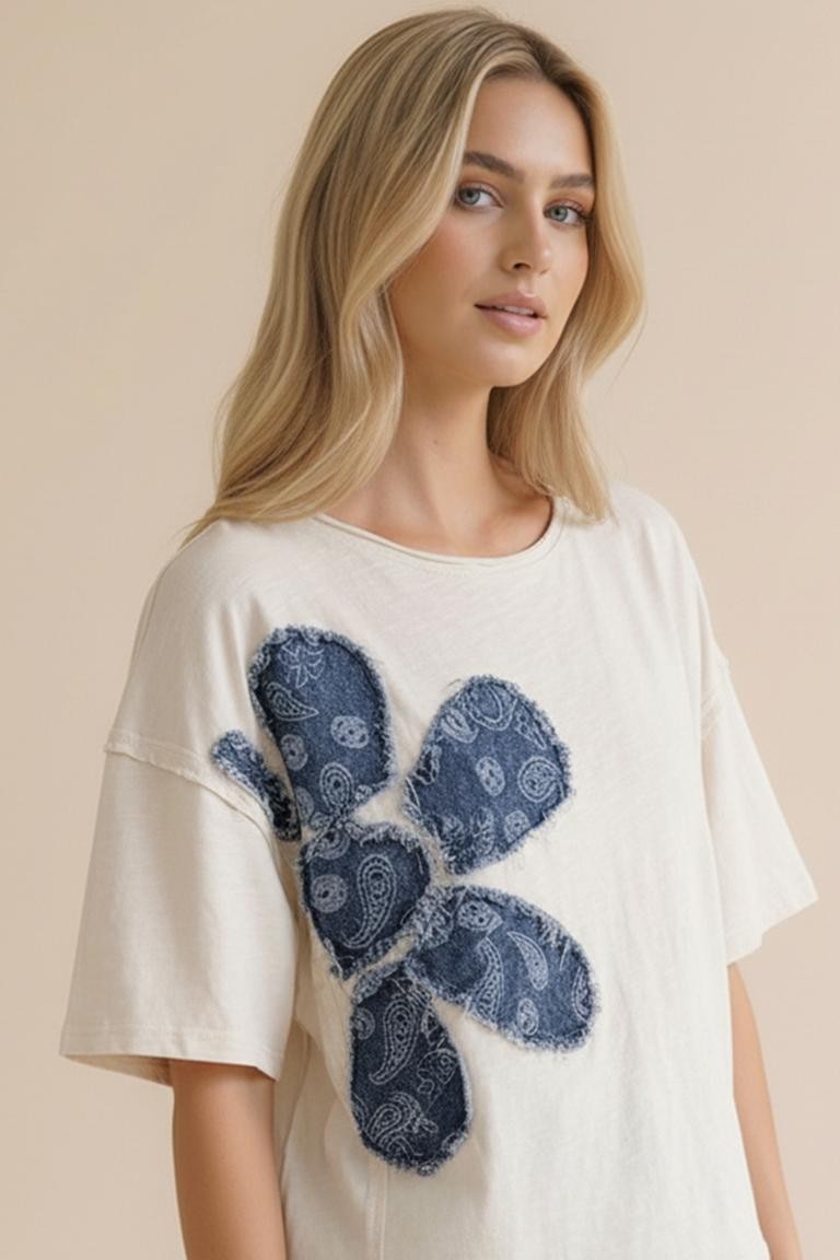 GREY DROP SHOULDER DENIM FLORAL PATCHWORK SLUB KNIT TOP