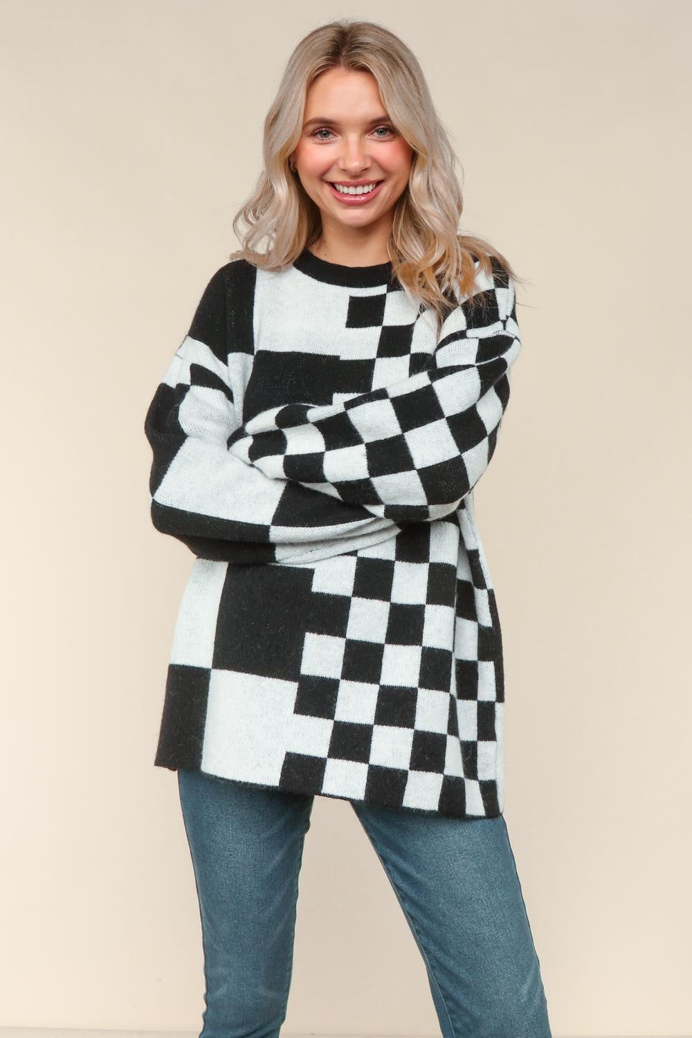 Checker Pattern Sweaters BLACK LOOSE FIT CHECKER PATTERN PULLOVER SWEATER