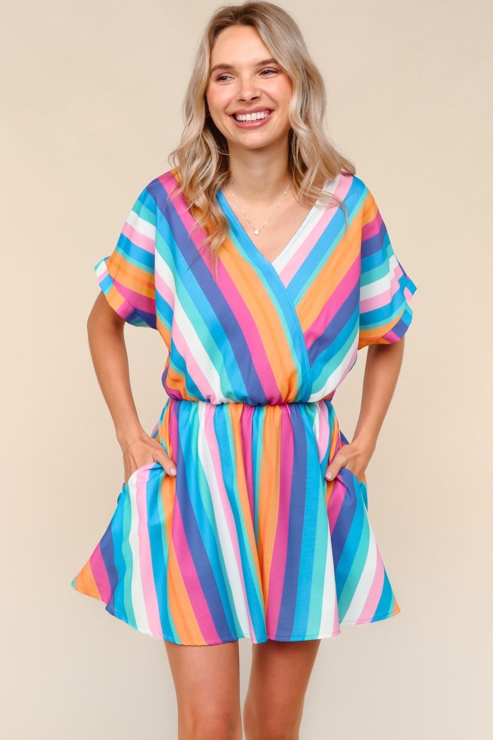 Multicolor Rompers BLUE MULTICOLOR WOVEN ROMPER W/ ELASTIC WAIST