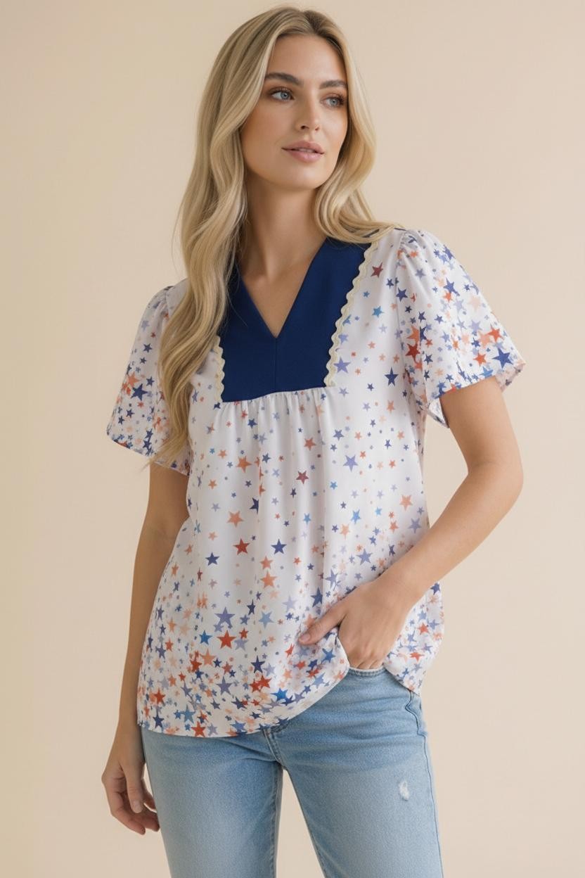 Plus Navy and Star Print Short Sleeve Babydoll Top