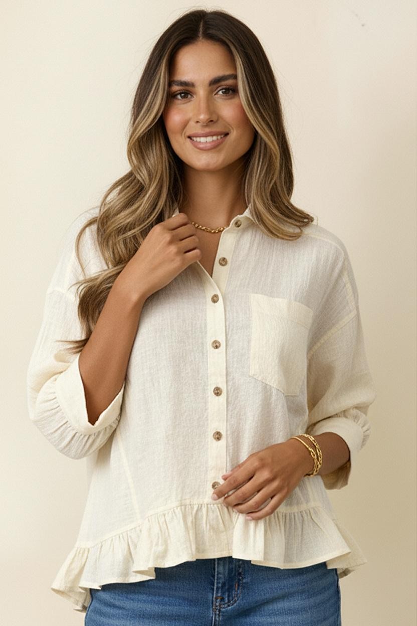 Oatmeal COLLARED BUTTON DOWN PEPLUM SOLID LINEN SHIRT