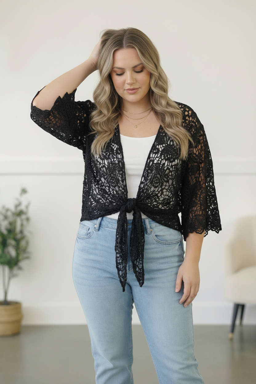 PLUS BLACK CROCHET TIE HEM CARDIGAN