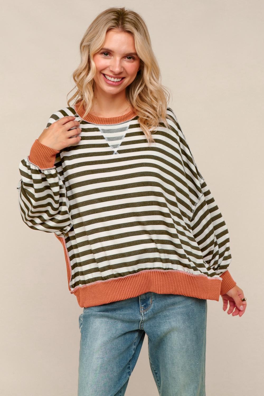 PLUS CREW NECK LOOSE FIT STRIPE PULLOVER KNIT TOP