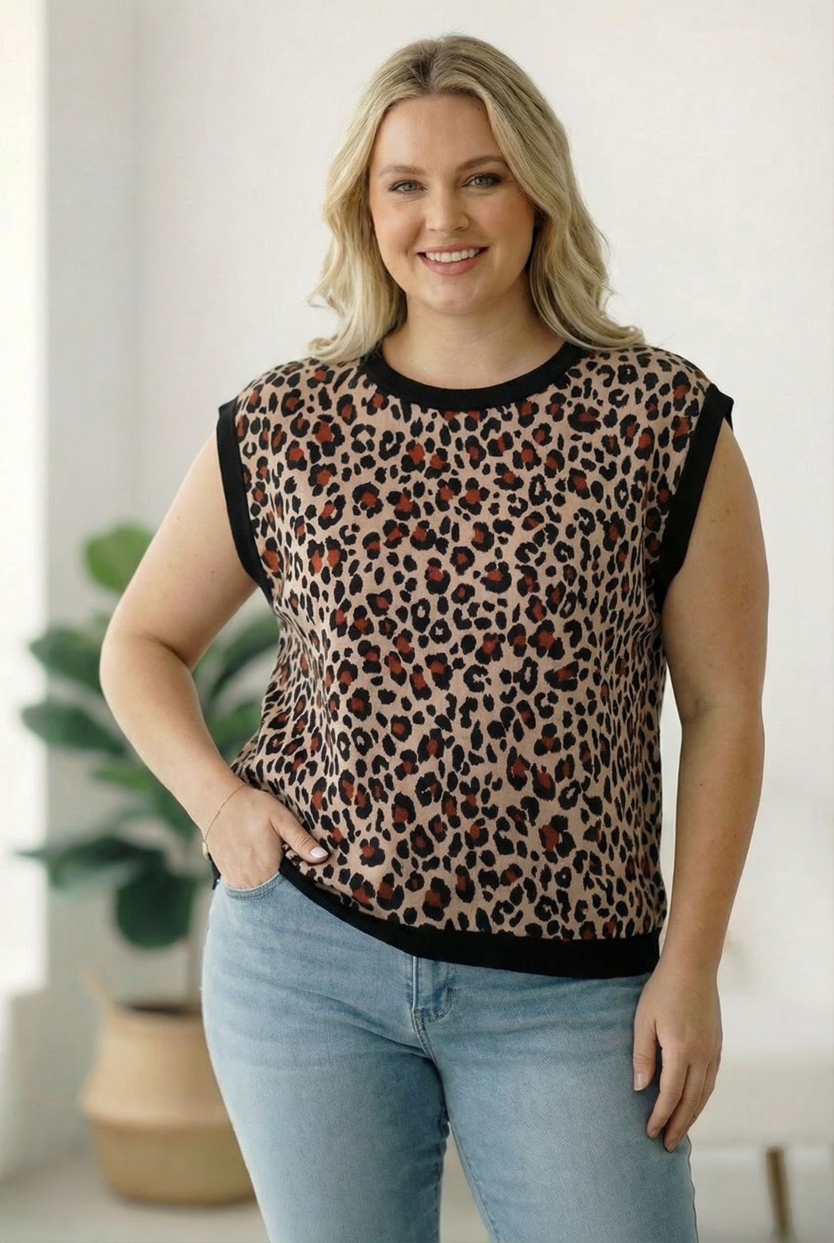 Plus Taupe/Black Animal Banded Top