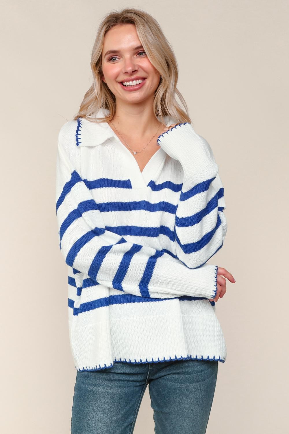 PLUS BLUE COLLARED NOTCH V NECK LOOSE FIT SWEATER KNIT TOP