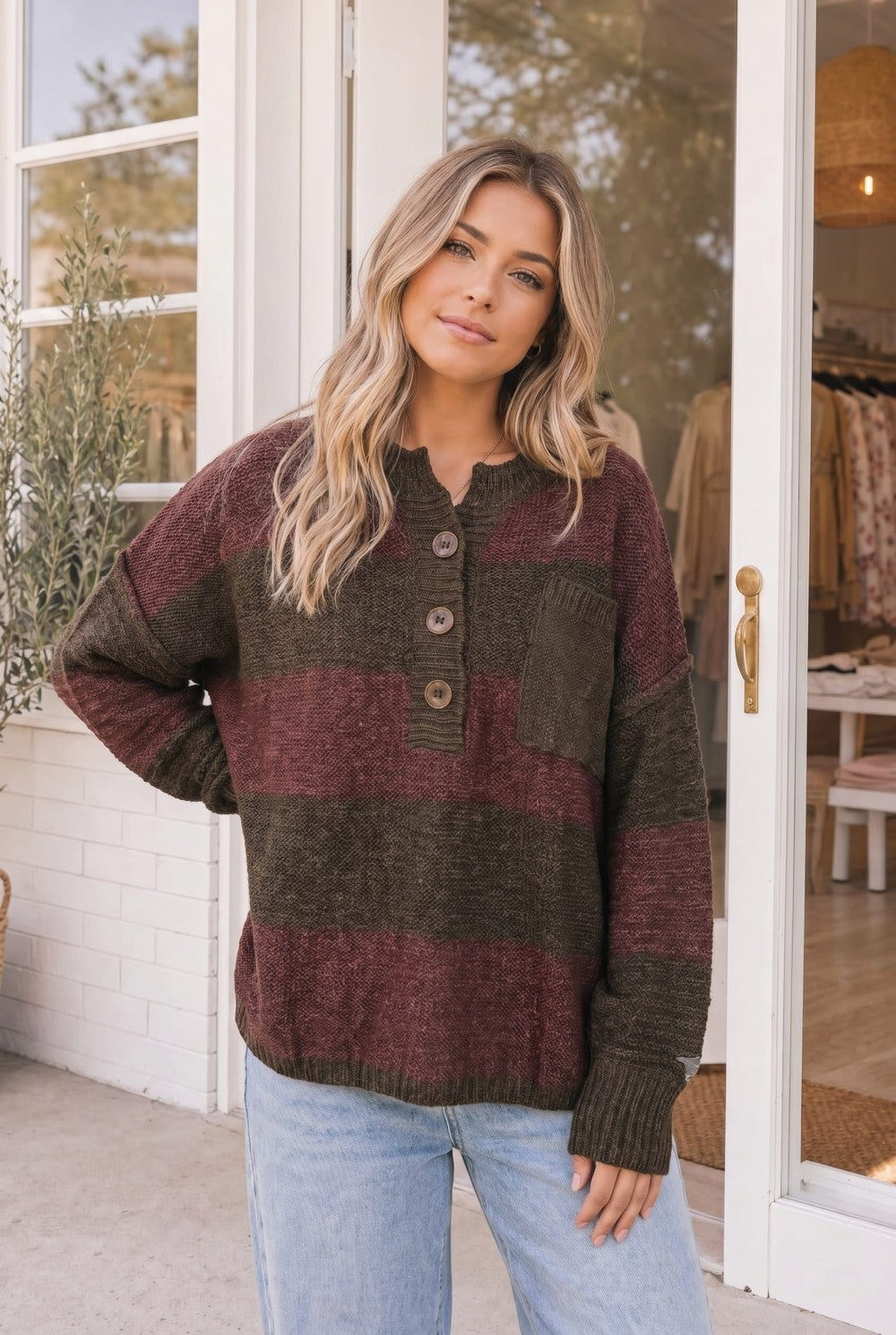 Chocolate Striped Henley Button Knit Sweater