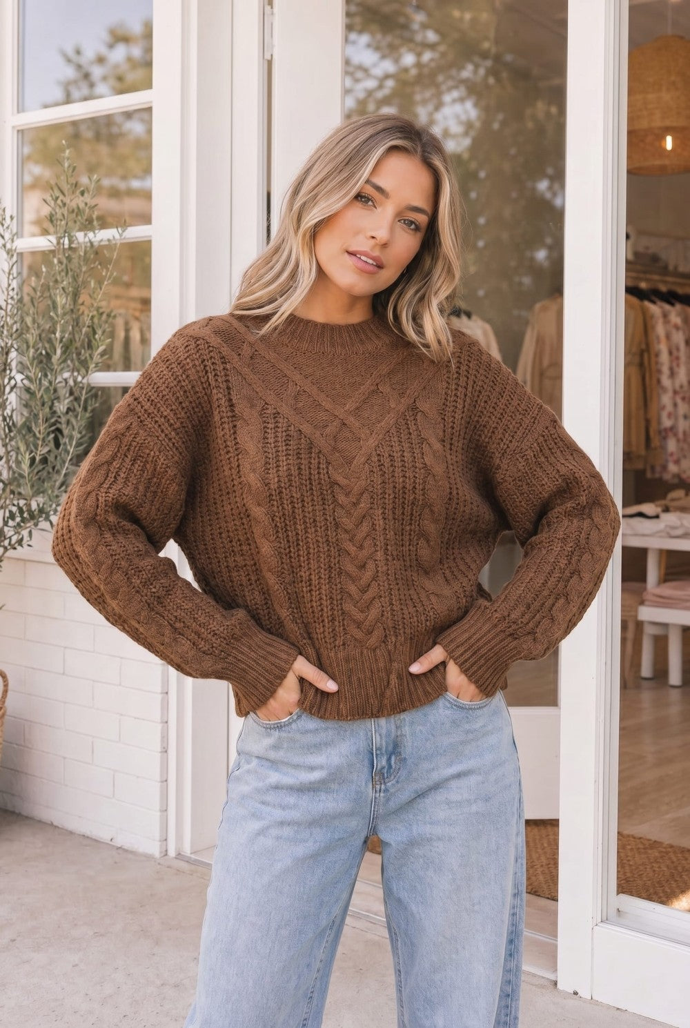 Mocha Cable Knit Crew Neck Sweater