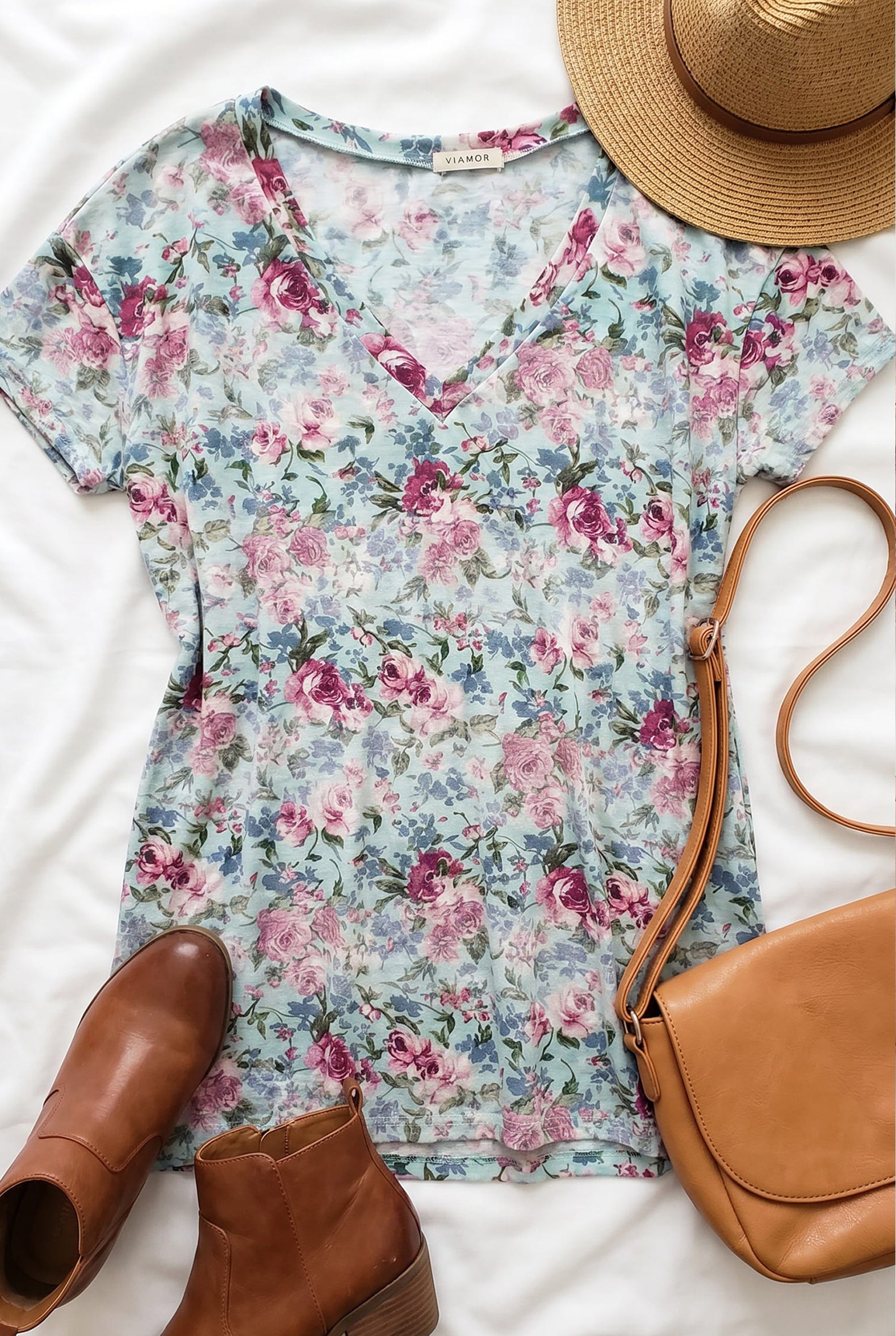 Floral V Neck Short Sleeve Top