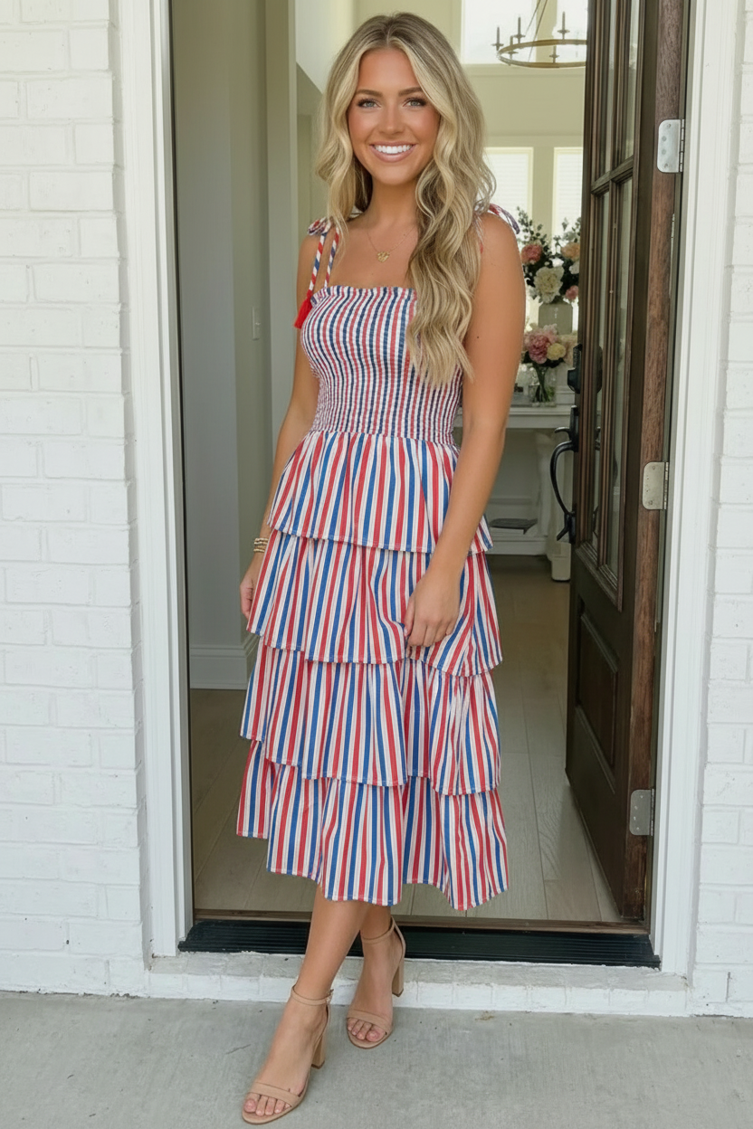 Red White and Blue Striped Tiered Smocked Midi Dress