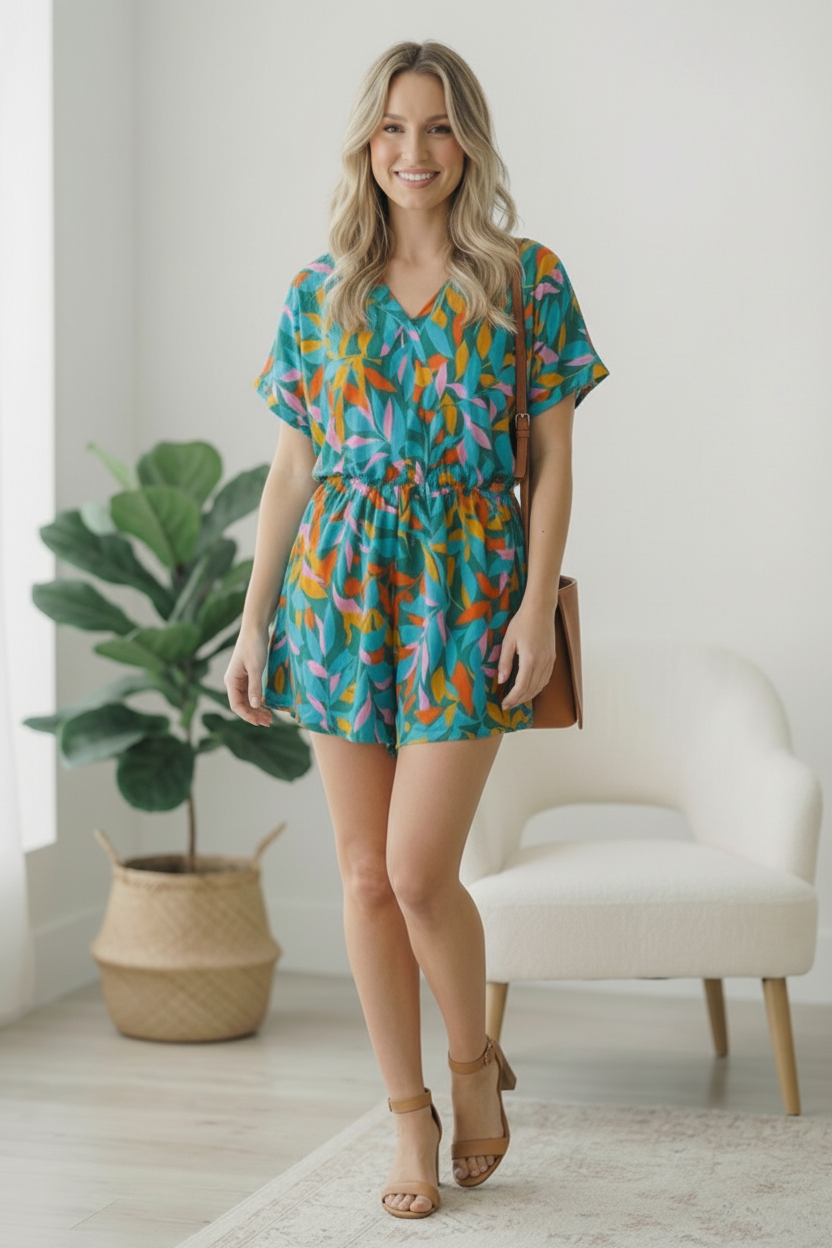 Plus Green Tropical Pocketed Romper