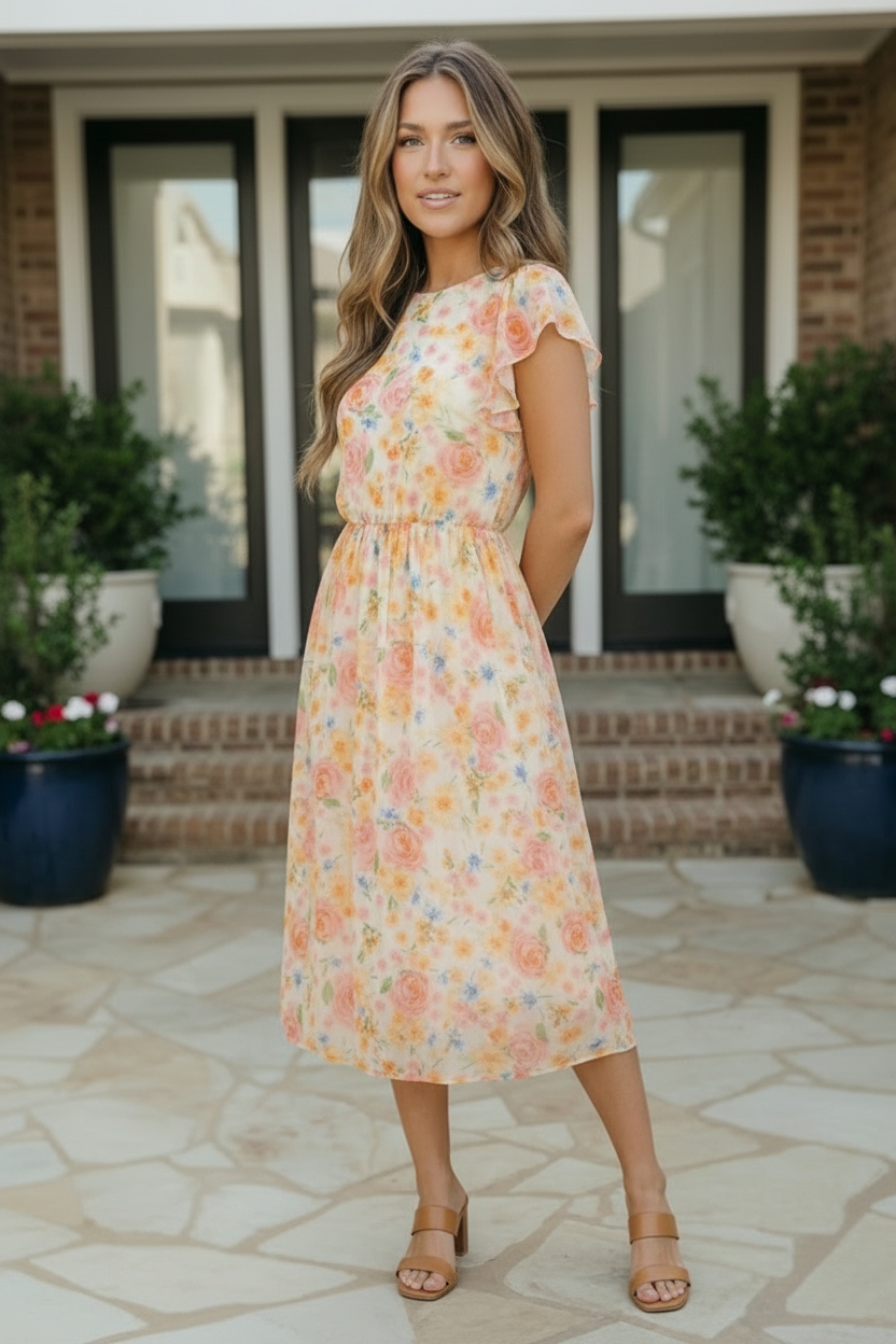 Watercolor Floral Flutter Sleeve Midi Dress (Open Pack)