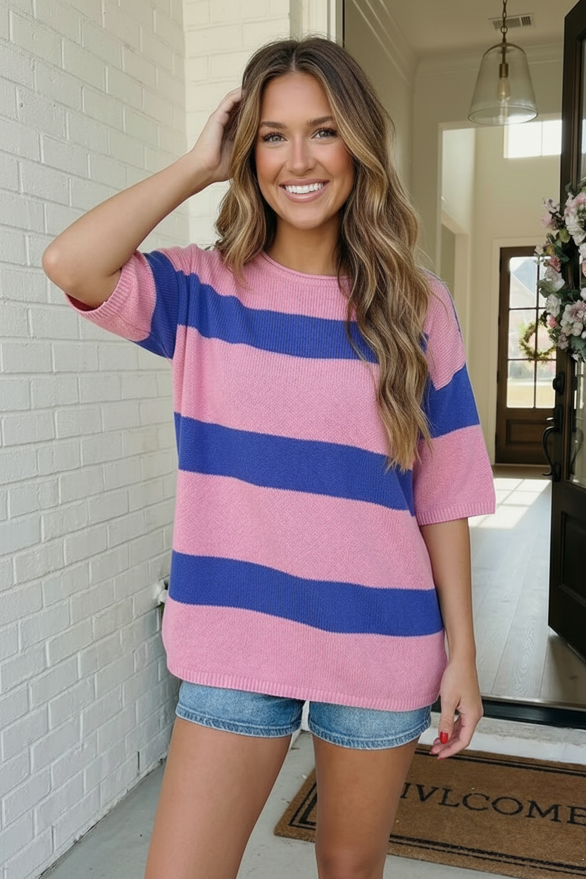 Skip the Line Pink and Blue Oversized Sweater Top (Open Pack)